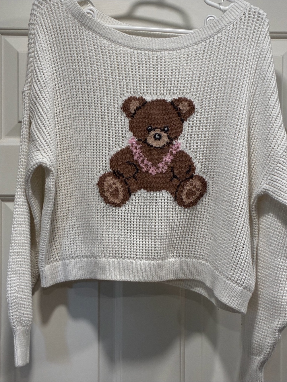 Hollister White Crewneck Sweater with Brown Teddy Bear Graphic